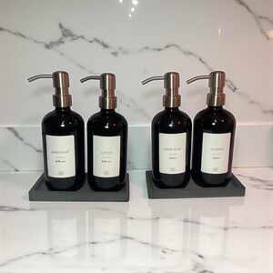 Glossy Black Glass Soap Dispensers with Stainless Pump Concrete Tray 2 Sets Of 2